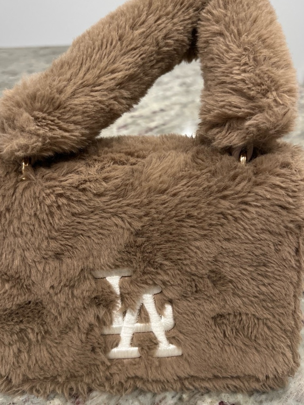 Plush Faux Fur Brown LA Dodger Handbag with White Embroidered Logo